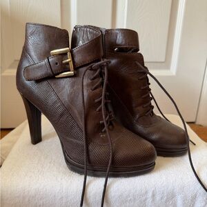 Chic Brown Leather Heeled Boots with Buckle